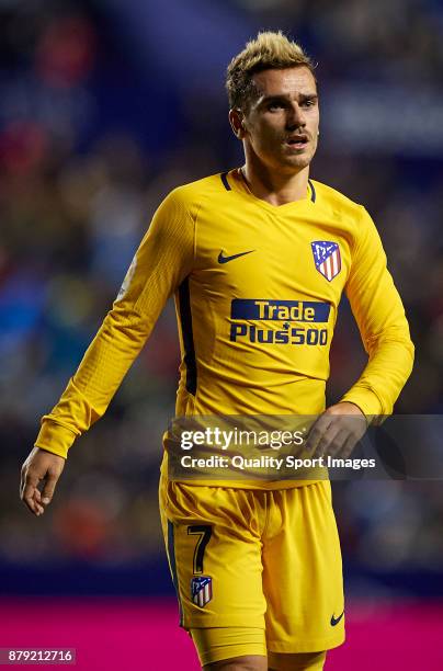 Antoine Griezmann of Atletico Madrid looks on during the La Liga match between Levante and Atletico Madrid at Ciutat de Valencia Stadium on November...