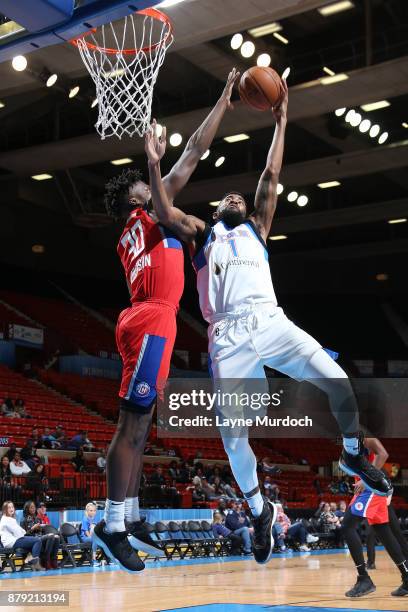 Mike Cobbins of the Oklahoma City Blue drives to the basket during a NBA G-League game against the Agua Caliente Clippers on November 25, 2017 at the...