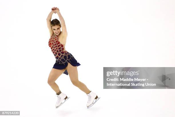 Ashley Wagner of the United States performs in the Ladies short program on Day 2 of the ISU Grand Prix of Figure Skating at Herb Brooks Arena on...