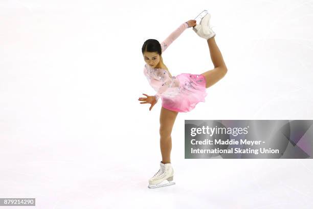 Satoko Miyahara of Japan performs in the Ladies short program on Day 2 of the ISU Grand Prix of Figure Skating at Herb Brooks Arena on November 25,...