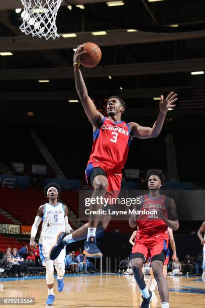 Tyrone Wallace of the Agua Caliente Clippers drives to the basket during an NBA G-League game against the Oklahoma City Blue on November 25, 2017 at...