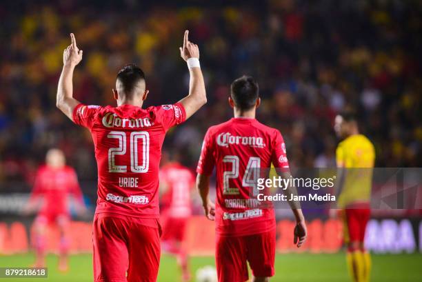 Fernando Uribe of Toluca celebrates after scoring the first goal of his team during the quarter finals second leg match between Morelia and Toluca as...