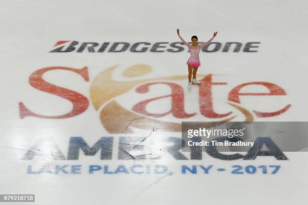 Satoko Miyahara of Japan waves to the crowd after competing in the Ladies' Short Program during day two of 2017 Bridgestone Skate America at Herb...