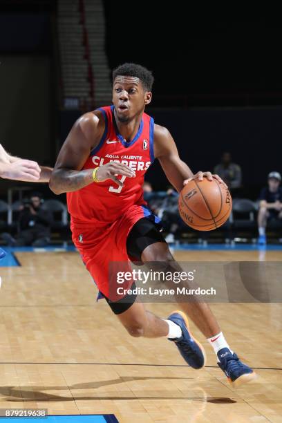 Tyrone Wallace of the Agua Caliente Clippers handles the ball during a NBA G-League game against the Oklahoma City Blue on November 25, 2017 at the...