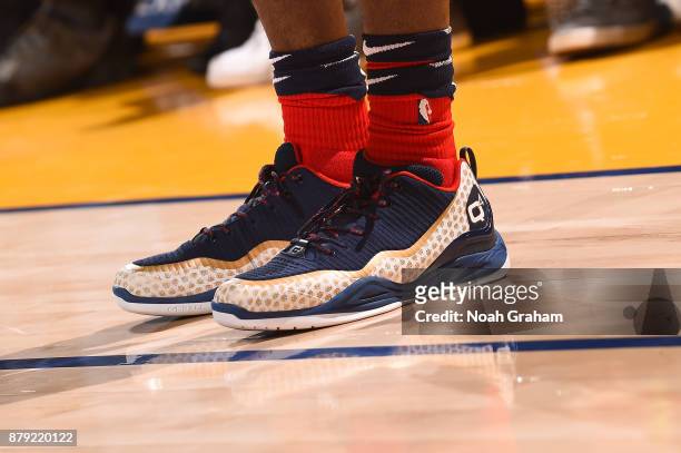 The sneakers of E'Twaun Moore of the New Orleans Pelicans are seen during the game against the Golden State Warriors on November 25, 2017 at ORACLE...