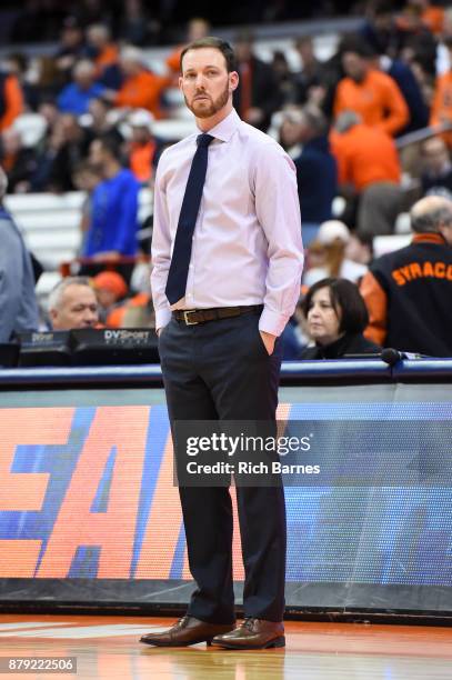 Assistant coach Gerry McNamara of the Syracuse Orange looks on prior to the game against the Toledo Rockets at the Carrier Dome on November 22, 2017...