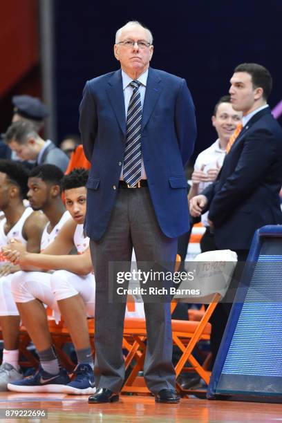 Head coach Jim Boeheim of the Syracuse Orange looks on prior to the game against the Toledo Rockets at the Carrier Dome on November 22, 2017 in...