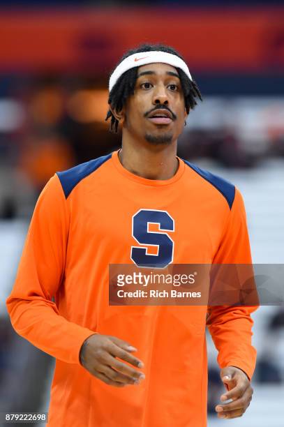 Geno Thorpe of the Syracuse Orange warms up prior to the game against the Toledo Rockets at the Carrier Dome on November 22, 2017 in Syracuse, New...