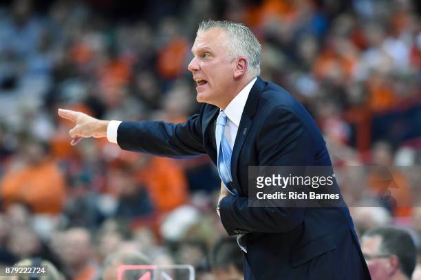 Head coach Tod Kowalczyk of the Toledo Rockets reacts to a call against the Syracuse Orange during the first half at the Carrier Dome on November 22,...