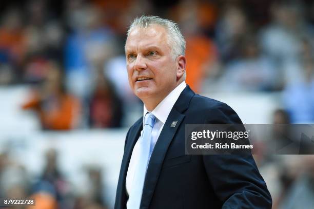 Head coach Tod Kowalczyk of the Toledo Rockets reacts to a call against the Syracuse Orange during the first half at the Carrier Dome on November 22,...