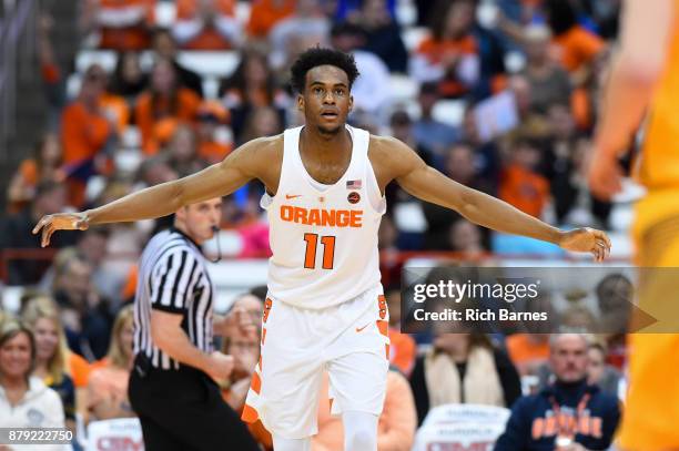 Oshae Brissett of the Syracuse Orange plays defense against the Toledo Rockets during the first half at the Carrier Dome on November 22, 2017 in...