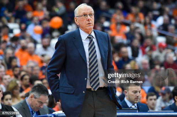 Head coach Jim Boeheim of the Syracuse Orange reacts to a play against the Toledo Rockets during the second half at the Carrier Dome on November 22,...