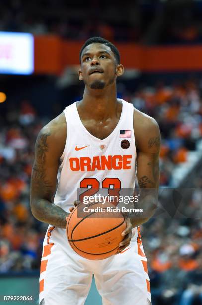 Frank Howard of the Syracuse Orange shoots a free throw against the Toledo Rockets during the second half at the Carrier Dome on November 22, 2017 in...