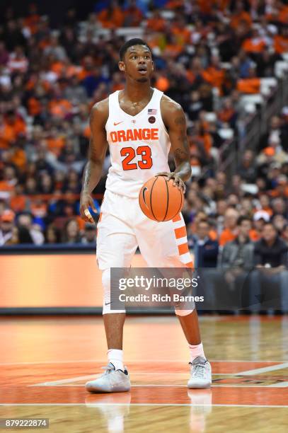 Frank Howard of the Syracuse Orange controls the ball against the Toledo Rockets during the second half at the Carrier Dome on November 22, 2017 in...