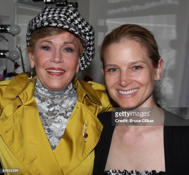 Jane Fonda and niece Bridget Fonda pose backstage on the closing night of "33 Variations" on Broadway at the Eugene O'Neill Theatre on May 21, 2009...