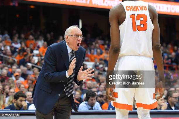 Head coach Jim Boeheim of the Syracuse Orange reacts to a play in the direction of Paschal Chukwu against the Toledo Rockets during the second half...