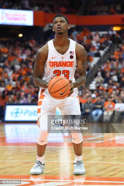 Frank Howard of the Syracuse Orange shoots a free throw against the Toledo Rockets during the second half at the Carrier Dome on November 22, 2017 in...