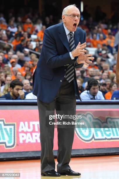 Head coach Jim Boeheim of the Syracuse Orange reacts to a play against the Toledo Rockets during the second half at the Carrier Dome on November 22,...