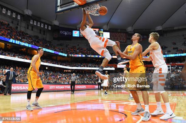 Matthew Moyer of the Syracuse Orange dunks the ball against the Toledo Rockets during the second half at the Carrier Dome on November 22, 2017 in...