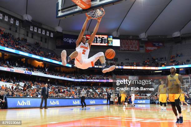 Matthew Moyer of the Syracuse Orange dunks the ball against the Toledo Rockets during the second half at the Carrier Dome on November 22, 2017 in...