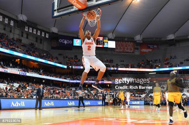 Matthew Moyer of the Syracuse Orange dunks the ball against the Toledo Rockets during the second half at the Carrier Dome on November 22, 2017 in...