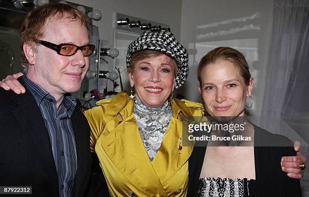 Danny Elfman, Jane Fonda and niece Bridget Fonda pose backstage on the closing night of "33 Variations" on Broadway at the Eugene O'Neill Theatre on...