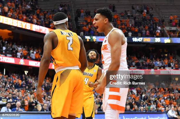 Matthew Moyer of the Syracuse Orange reacts to a play against the Toledo Rockets during the second half at the Carrier Dome on November 22, 2017 in...