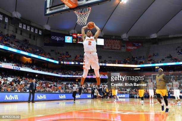 Matthew Moyer of the Syracuse Orange dunks the ball against the Toledo Rockets during the second half at the Carrier Dome on November 22, 2017 in...