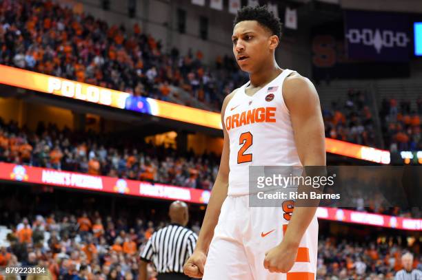 Matthew Moyer of the Syracuse Orange reacts to a play against the Toledo Rockets during the second half at the Carrier Dome on November 22, 2017 in...