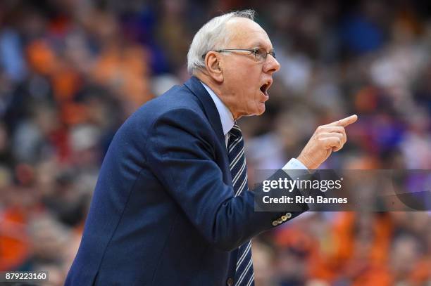 Head coach Jim Boeheim of the Syracuse Orange reacts to a call against the Toledo Rockets during the second half at the Carrier Dome on November 22,...