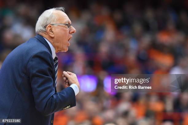Head coach Jim Boeheim of the Syracuse Orange reacts to a call against the Toledo Rockets during the second half at the Carrier Dome on November 22,...