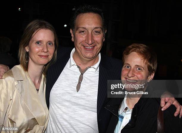 Cynthia Nixon, playwright Moises Kaufman and Christine Marinoni pose backstage on the closing night of "33 Variations" on Broadway at the Eugene...