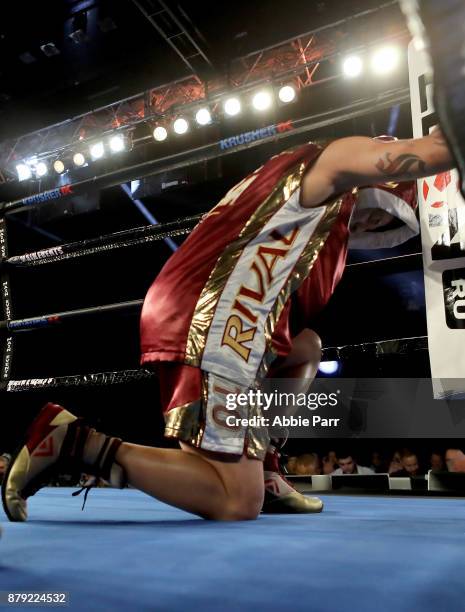 Jason Sosa has a quiet moment prior to taking on Yuriorkis Gamoba during their Junior Lightweights at The Theater at Madison Square Garden on...