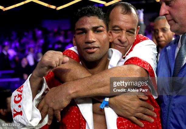 Jason Sosa celebrates after defeating Yuriorkis Gamoba during their Junior Lightweights at The Theater at Madison Square Garden on November 25, 2017...