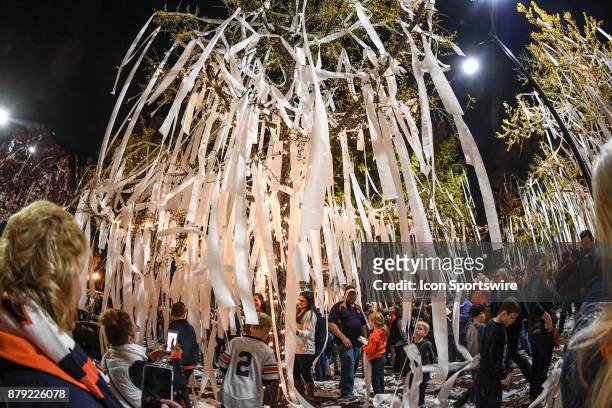 Auburn fans celebrate by rolling the Oaks at Toomer's Corner after a football game between the Auburn Tigers and the Alabama Crimson Tide on...