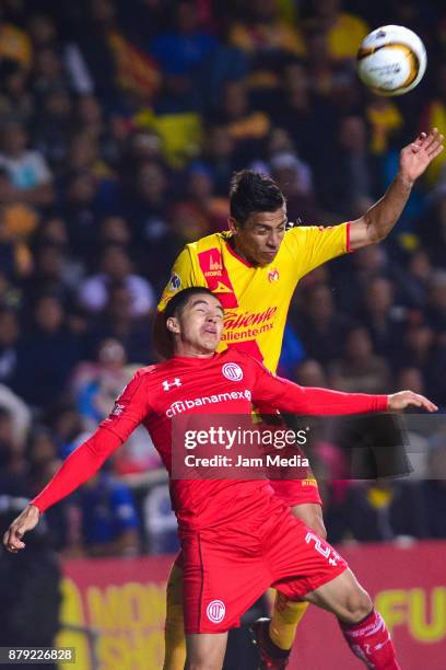 Efrain Velarde of Toluca jumps to head the ball during the quarter finals second leg match between Morelia and Toluca as part of the Torneo Apertura...