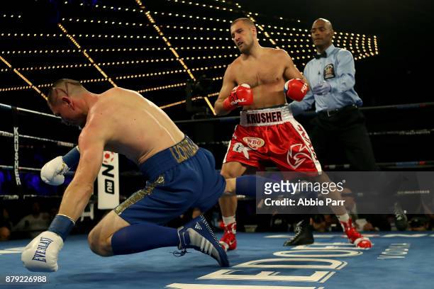 Vyacheslav Shabranskyy is knocked down by Sergey Kovalev during their Light Heavyweight at The Theater at Madison Square Garden on November 25, 2017...