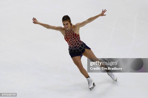 Ashley Wagner of the United States competes in the Ladies' Short Program during day two of 2017 Bridgestone Skate America at Herb Brooks Arena on...