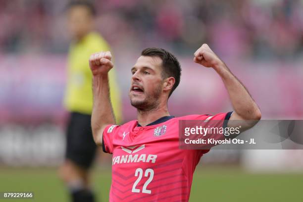 Matej Jonjic of Cerezo Osaka celebrates scoring his side's second goal during the J.League J1 match between Cerezo Osaka and Vissel Kobe at Yanmar...