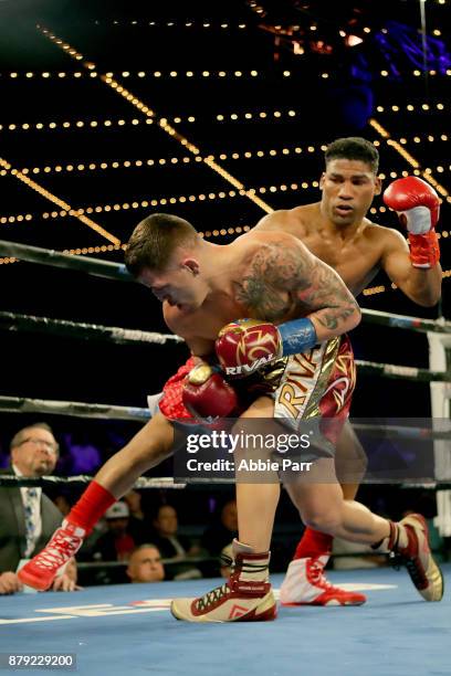 Jason Sosa and Yuriorkis Gamoba fight during their Junior Lightweights at The Theater at Madison Square Garden on November 25, 2017 in New York City.