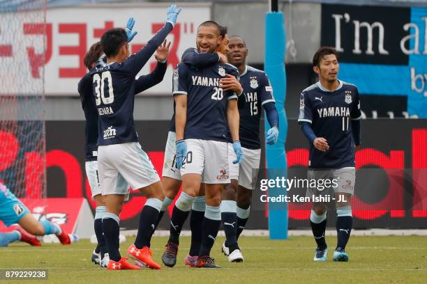 Kengo Kawamata of Jubilo Iwata celebrates scoring his side's second goal with his team mates during the J.League J1 match between Sagan Tosu and...