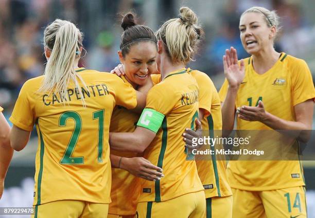 Kyah Simon of the Matildas celebrates a goal during the Women's International match between the Australian Matildas and China PR at Simonds Stadium...