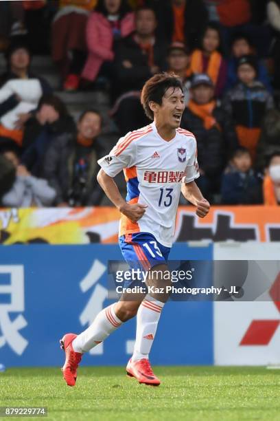 Masaru Kato of Albirex Niigata celebrates scoring his side's second goal during the J.League J1 match between Shimizu S-Pulse and Albirex Niigata at...