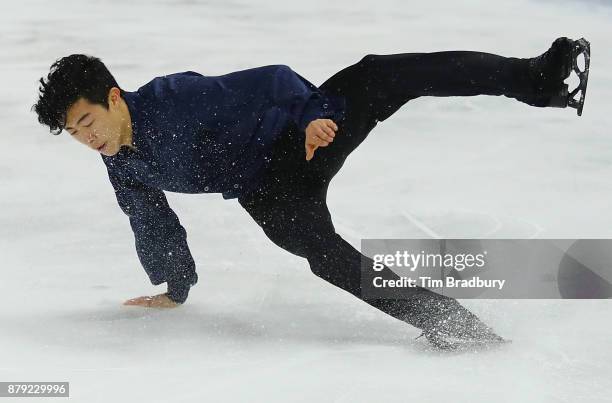 Nathan Chen of the United States falls as he competes in the Men's Free Skating during day two of 2017 Bridgestone Skate America at Herb Brooks Arena...