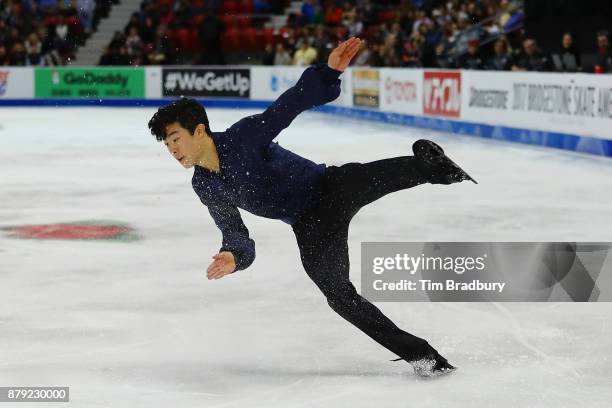 Nathan Chen of the United States falls as he competes in the Men's Free Skating during day two of 2017 Bridgestone Skate America at Herb Brooks Arena...