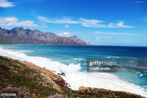 rough atlantic ocean along the r44 , also known as the whale route in south africa - overberg stock pictures, royalty-free photos & images