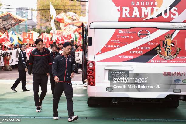 Taishi Taguchi and Seigo Narazaki of Nagoya Grampus are seen on arrival at the stadium prior to the J.League J1 Promotion Play-Off semi final match...