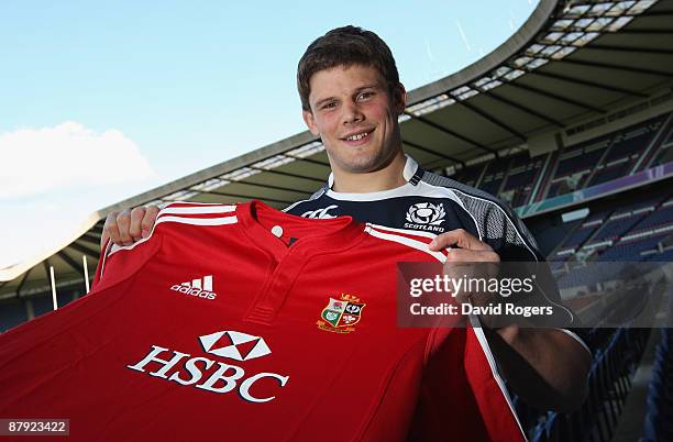 Ross Ford, the Scotland hooker, who has been selected to replace the injured Jerry Flannery, holds the Lions shirt on May 22, 2009 in Edinburgh,...