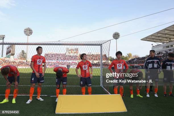 Omiya Ardija players bow to supporters after the scoreless draw and relegated to the J2 after the J.League J1 match between Omiya Ardija and...