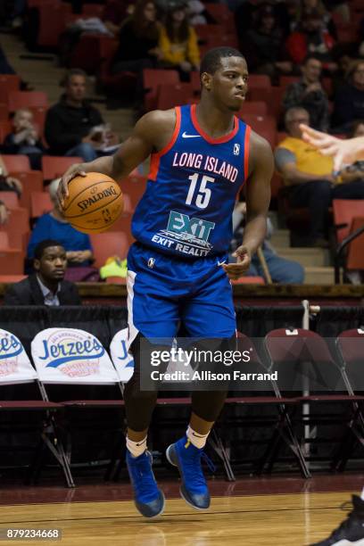 Isaiah Whitehead of the Long Island Nets handles the ball against the Canton Charge on November 25, 2017 at the Canton Memorial Civic Center in...